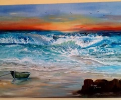 Tabloul "Cand marea se dezlantuie la apus de soare", pictura in ulei pe panza